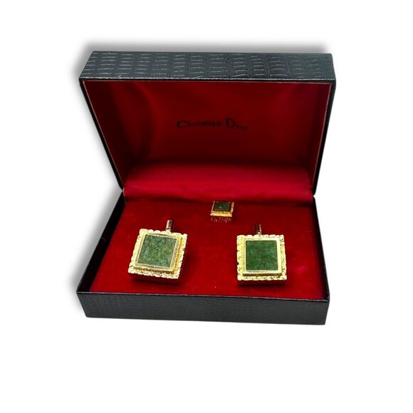 Christian Dior Other - Christian Dior Vintage 1960s Jade Gold Tone Square Cufflinks Tie Tack Set